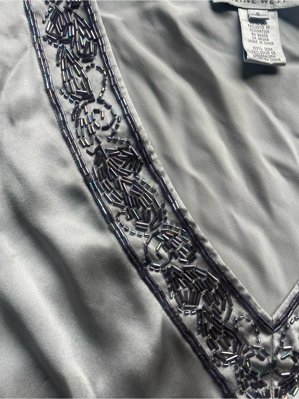 Vintage Nine West 100% Silver Satin V-Neck Embroidered Camisole - Picture 2 of 3